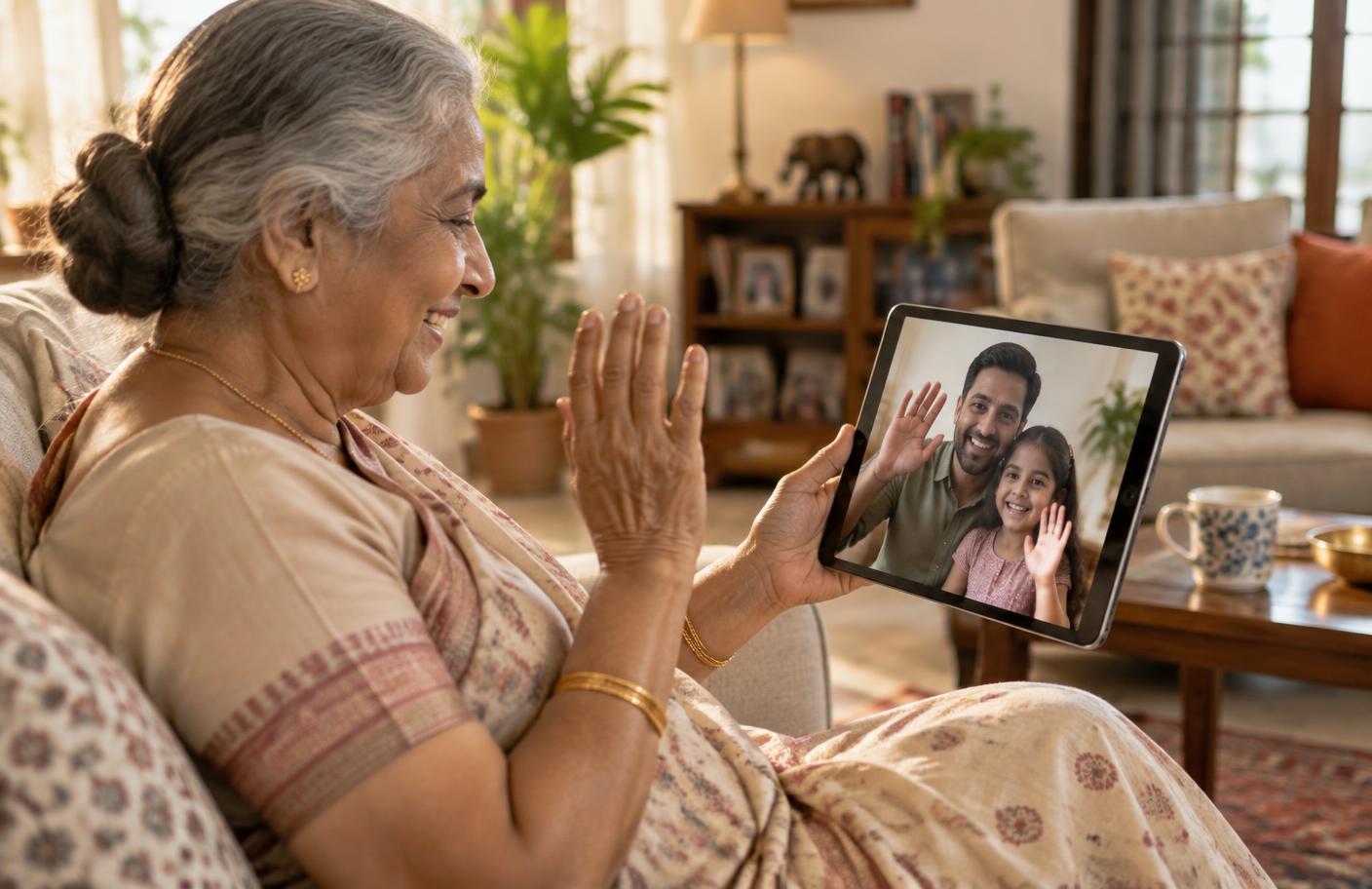 An elderly Indian mother video calling her family from home