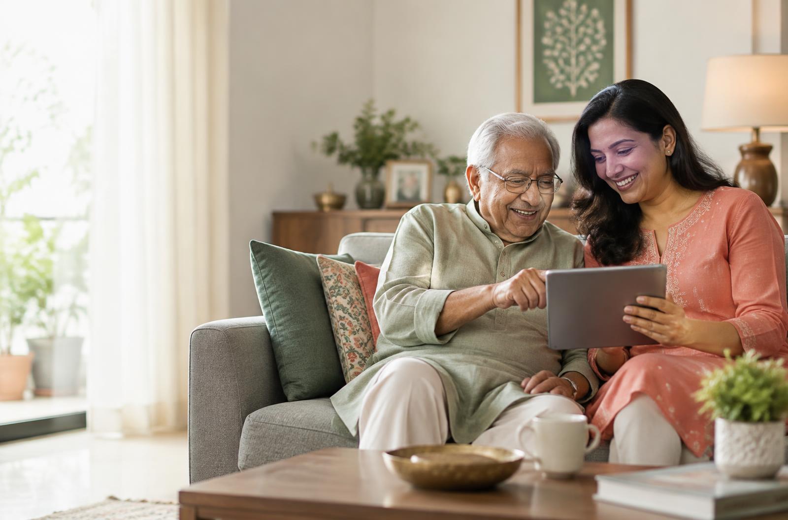An elderly Indian father and his daughter using a tablet together at home